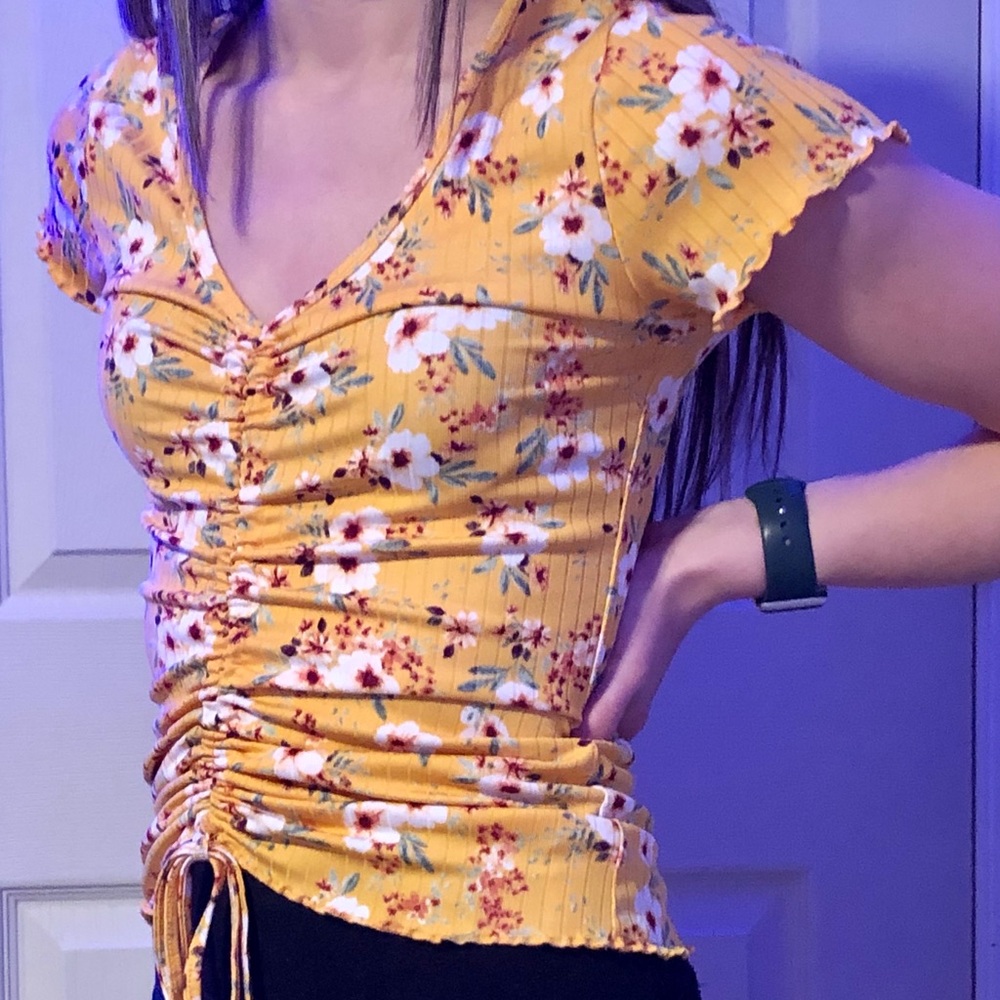 yellow floral v neck tied shirt